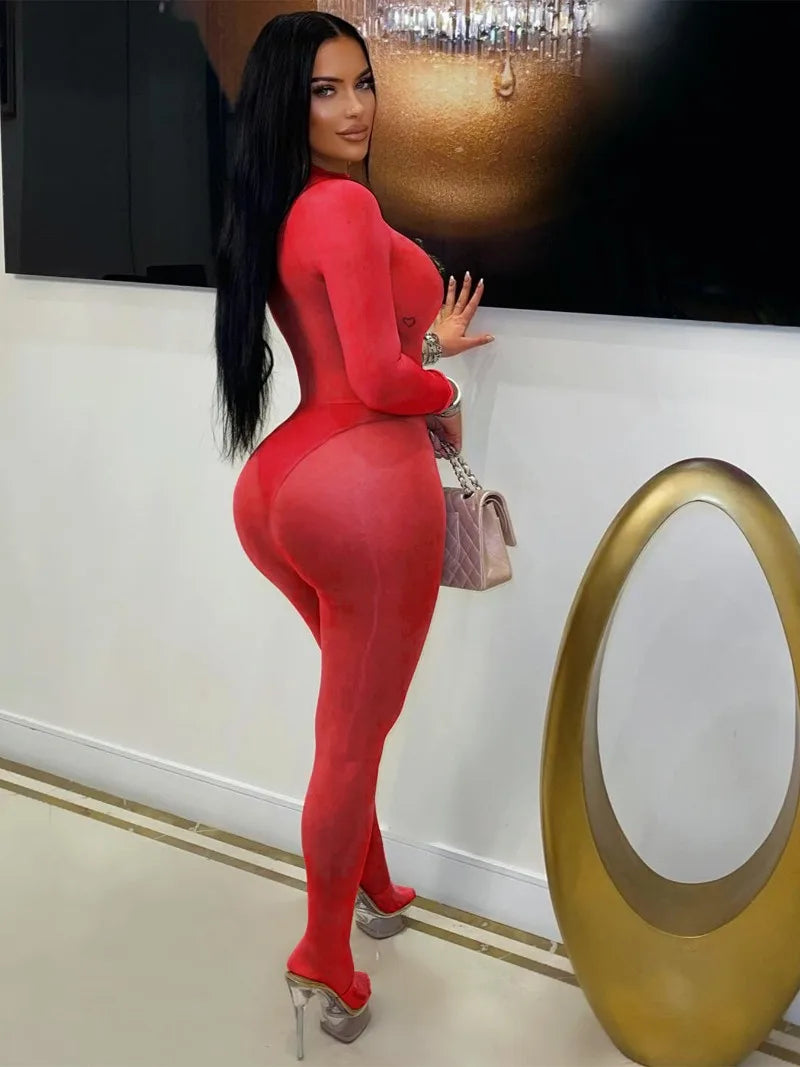 Women Sexy See Through Silky Glossy High Stretchy Seamless Skinny Jumpsuit O-neck Long Sleeve Tight Stockings Overalls pantyhose