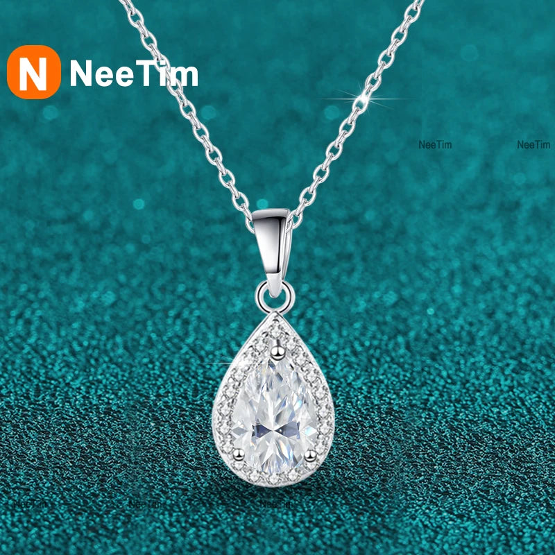 NeeTim 1ct Pear Cut Moissanite Necklace for Women 925 Sterling Silver Wedding Waterdrop Sparkling Neck Chain Women's Pendant