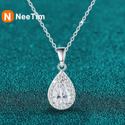 NeeTim 1ct Pear Cut Moissanite Necklace for Women 925 Sterling Silver Wedding Waterdrop Sparkling Neck Chain Women's Pendant