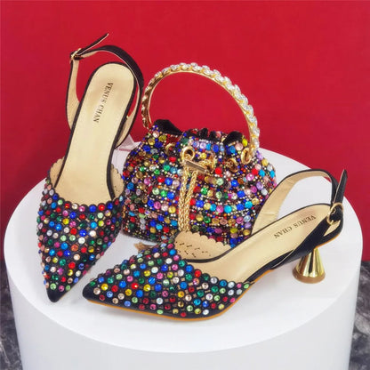 Multicolor Rhinestone Heels & Bag Set | Crystal Pointed Slingback Pumps, Women Wedding Bridal Evening Party Matching Shoes Handb