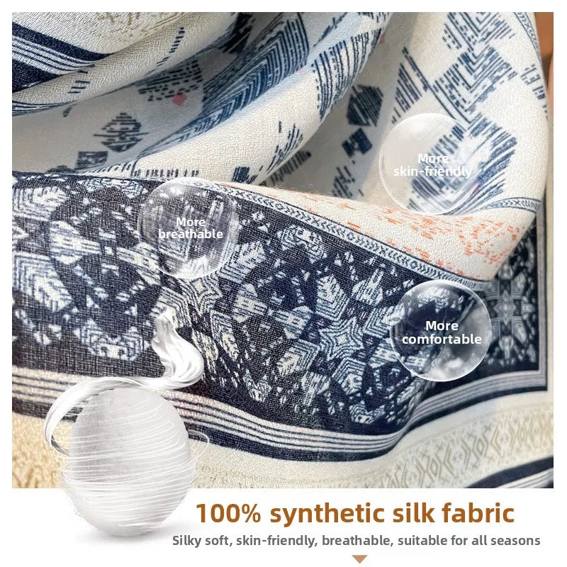 Sun Protection Silk Scarf Women's Retro Ethnic Style Cotton Linen Beach Holiday Wrap Shawl Outerwear Geometric Print Korean S...