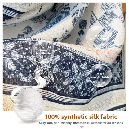 Sun Protection Silk Scarf Women's Retro Ethnic Style Cotton Linen Beach Holiday Wrap Shawl Outerwear Geometric Print Korean S...