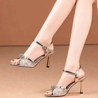 New 2025 Summer Luxury Designers Women Sandals Fashion Gold Rhinestone Thin High Heel Shoes Ladies Elegant Party Dress Sandalias