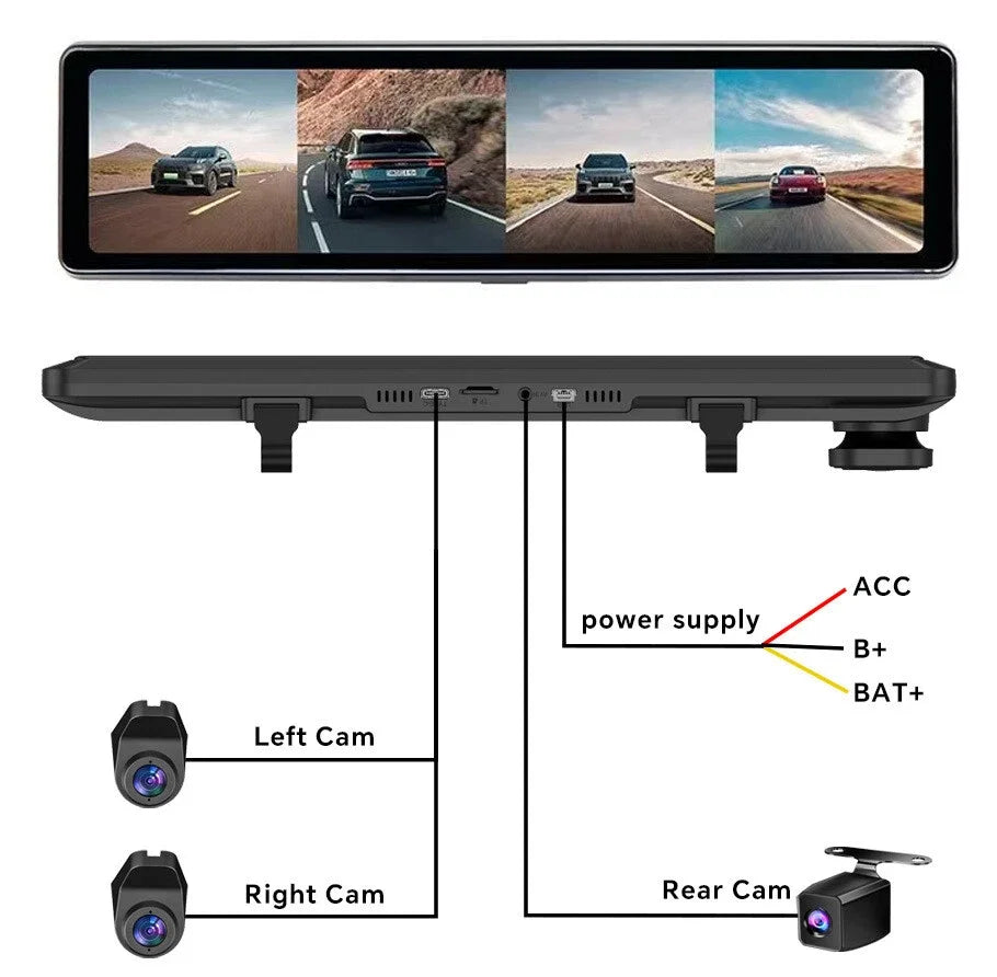 12''Rear View Mirror Camera 4-Channel Mirror Streaming with GPS BSD Blind Spot Detection 4K Front Lens+FHD1080Px3 Reverse Assist