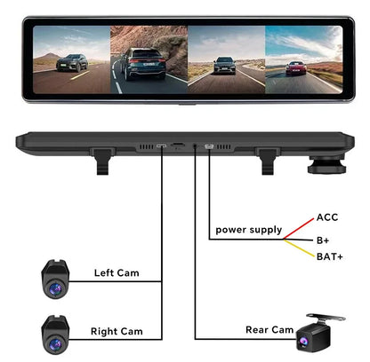 12''Rear View Mirror Camera 4-Channel Mirror Streaming with GPS BSD Blind Spot Detection 4K Front Lens+FHD1080Px3 Reverse Assist