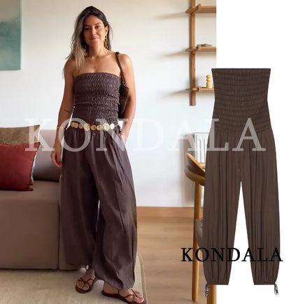KONDALA Women High Street Trendy Jumpsuit Strapless Pockets Pleated Jumpsuits New Fashion 2026 Spring Summer Holiday Jumpsuit