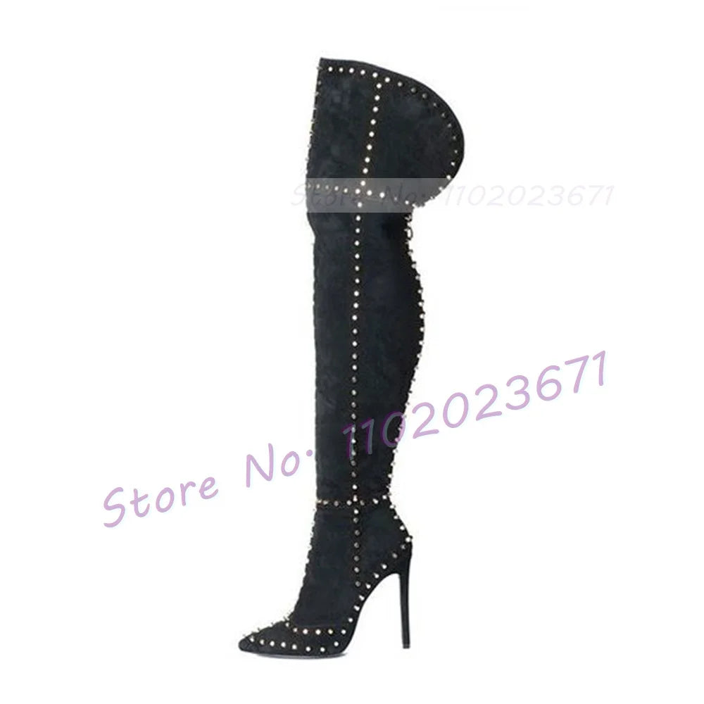 Sparkling Studded Thigh High Boots Women Sexy Metal Rivets Pointy High Heels Suede Leather Shoes Ladies Winter Fashion Boots