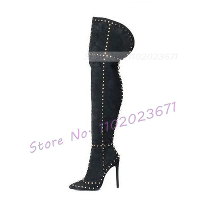 Sparkling Studded Thigh High Boots Women Sexy Metal Rivets Pointy High Heels Suede Leather Shoes Ladies Winter Fashion Boots