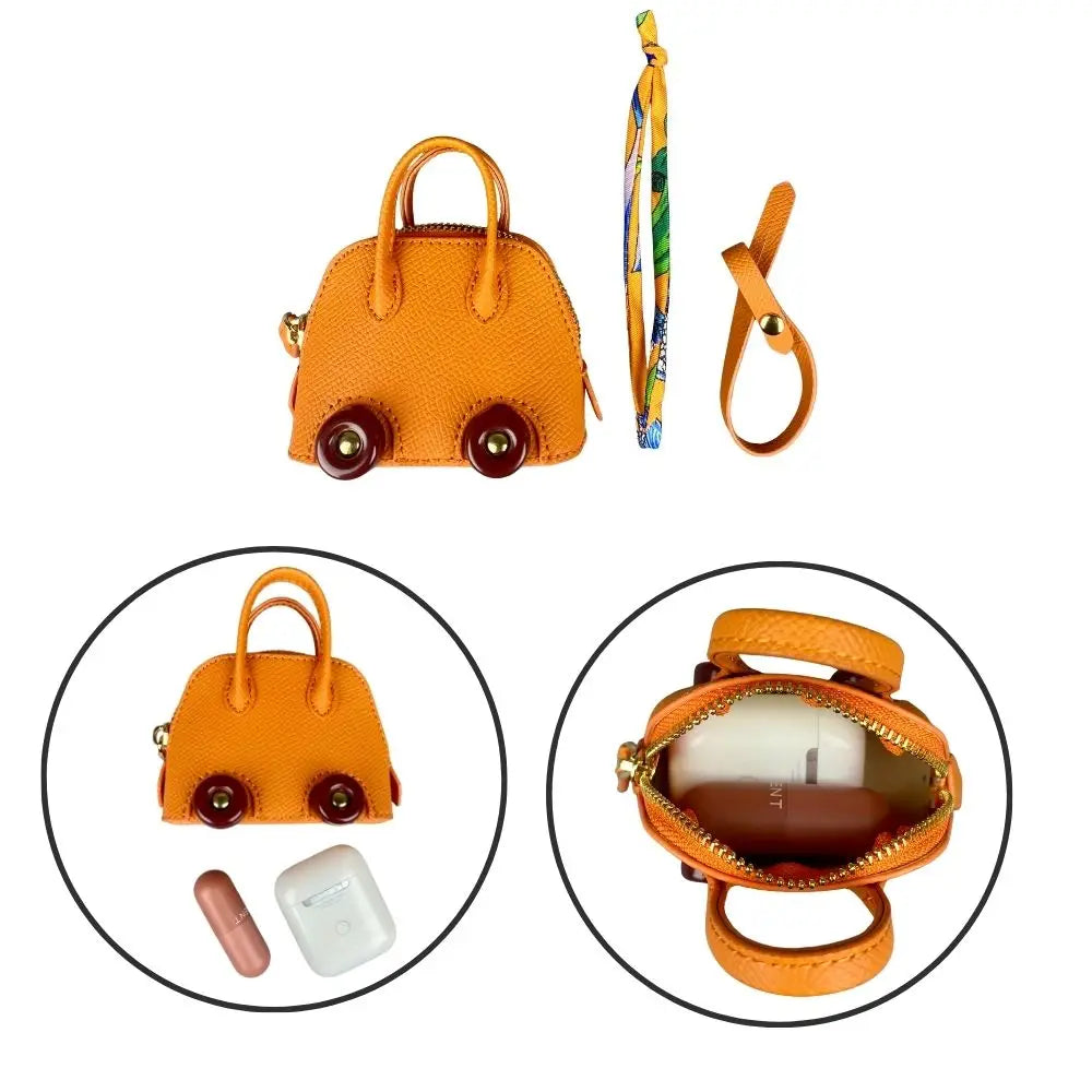 Leather Mini Bag Charm With Cute Wheels - Earphones & Lipstick Pouch with Dual Straps-PU Leather-Ideal For Bag Accessory