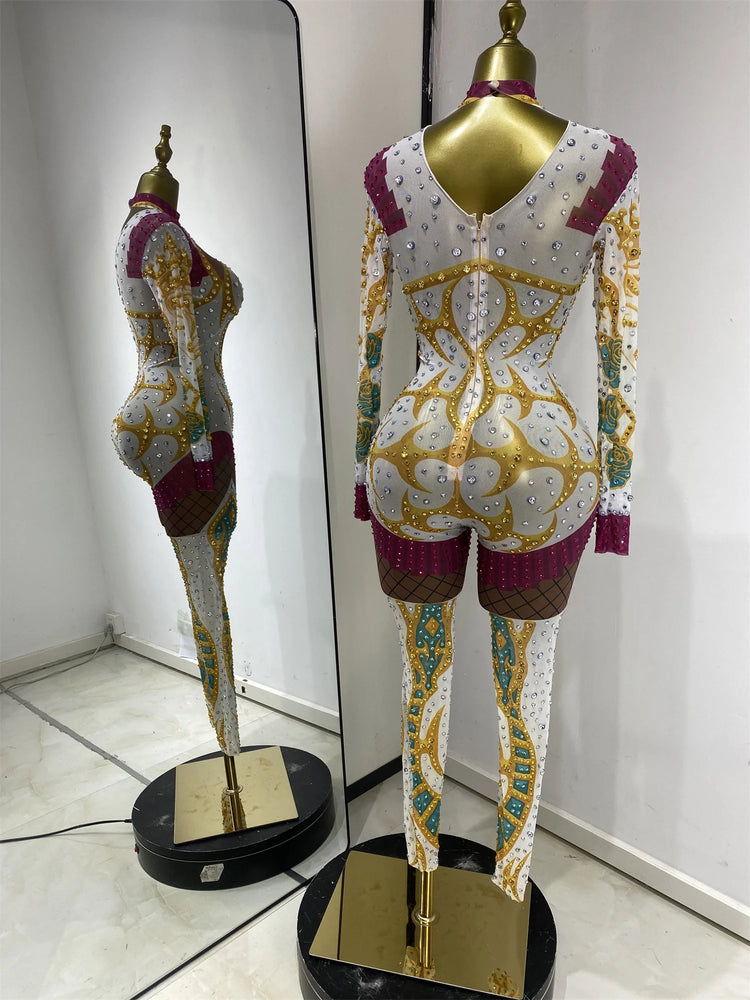Performance Costumes Kpop Outfits Shiny Rhinestones Printed Bodycon Jumpsuits Woman Evening Club Party See Through Dress Outfits