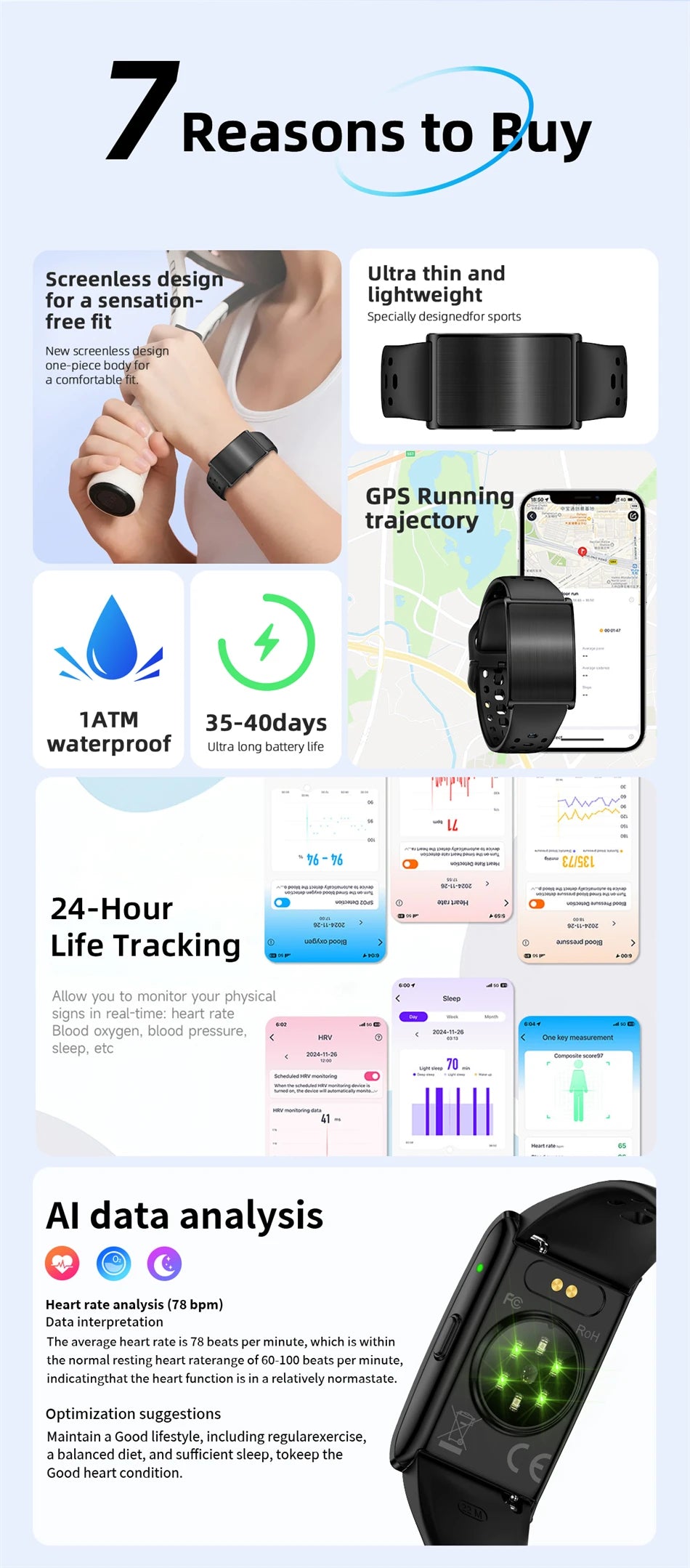2026 No Screen Smart Watch for Men Women Fitness Tracker Heart Rate Blood Pressure Monitor HRV Sleep Sport Health Smart Bracelet