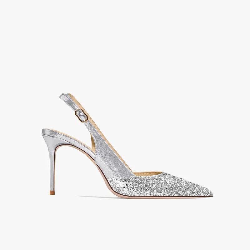 2025 New Summer Luxury Heeled Sandals Gold Sequins Back Strap Pointed Toe Stiletto Pumps Elegant Comfortable Prom Women's Shoes