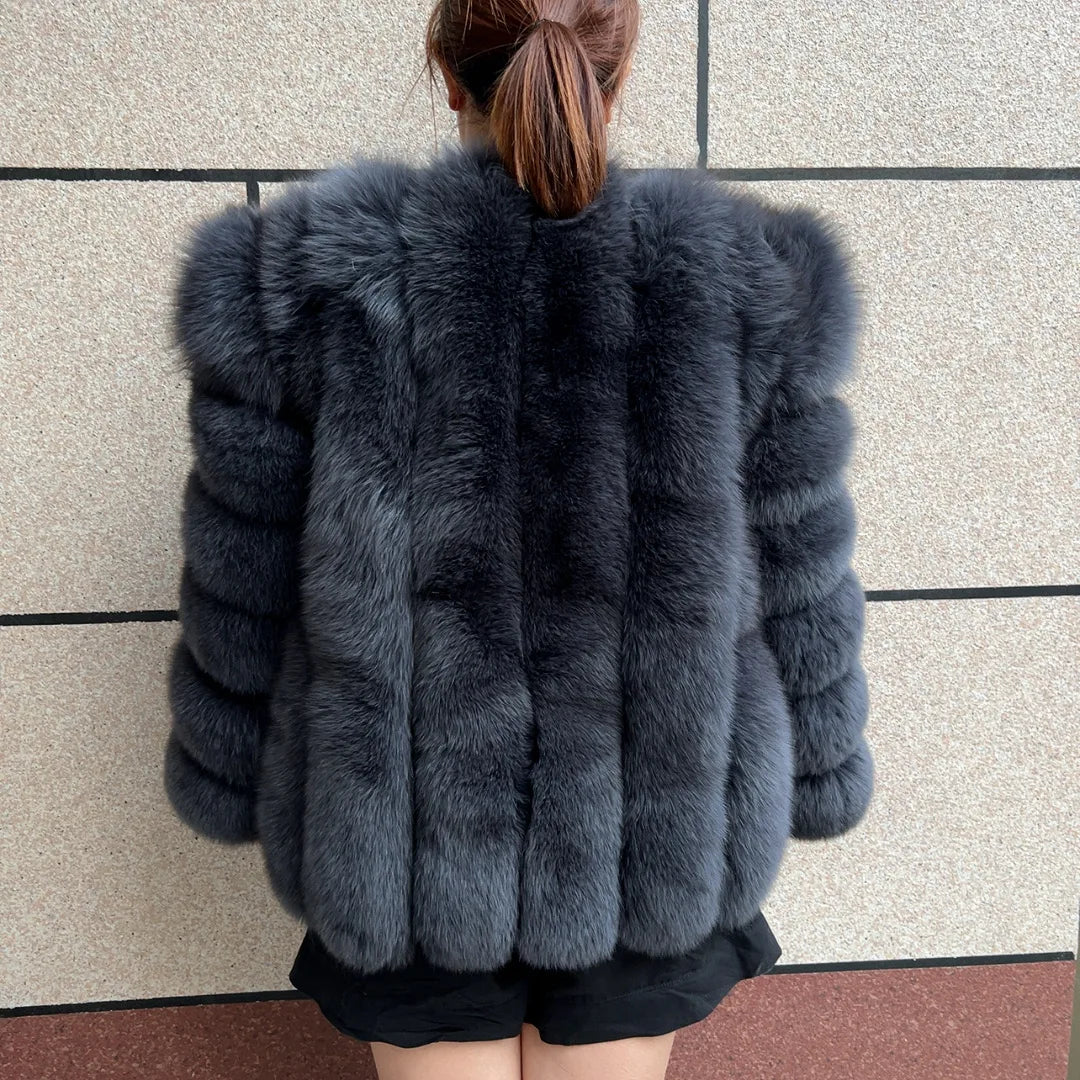 HUAQIUMEISI Real Fox Fur Coat Women's Autumn and Winter Vertical Bar Natural Fox Jacket New Fashion Silver Fox Fur Coat