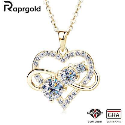 RAPRGOLD Certified Moissanite Infinite Love Heart Pendant Necklace Real S925 Sterling Silver for Women Fine Jewelry Gifts Cadena