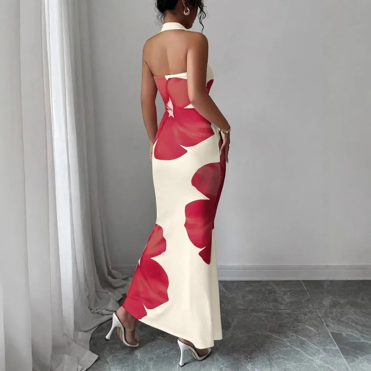 Women's 2026 New Popular Neck Halter Long Dress Hip-wrapped Printed Dress White Dress Birthday Dress for Women Summer Dress