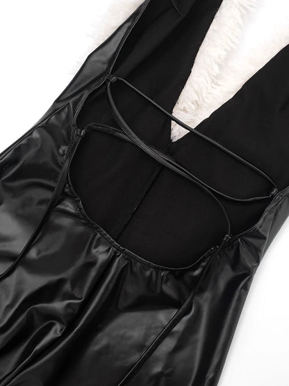 Cutenw PU Halter Furry Jumpsuit Women Sexy Lace-Up Backless Bandage Low Chest Sleeveless Hipster Street Clubwear Trend Overalls