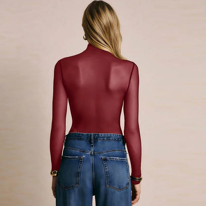 Elegant Long Sleeve Halter Bodysuits Women Fashion Solid Color Mesh Slim Short Jumpsuit Female Sexy Shirts Jumpsuit Red Black