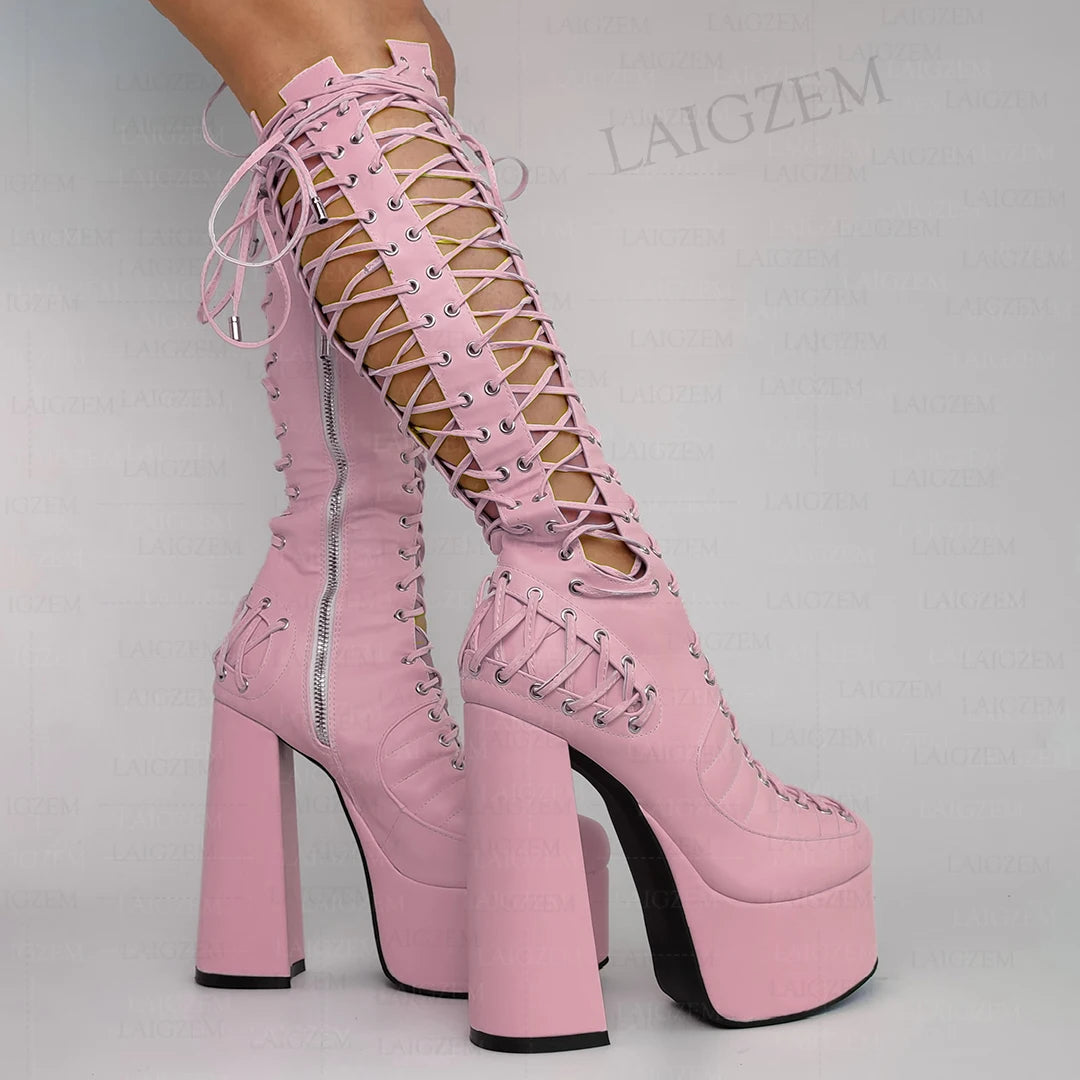 LAIGZEM Women Knee High Sandals Side Zip Up Pumps Shoes Lace Platform Cosplay Party Show Ladies Girls Shoes Woman Big Size 43 47