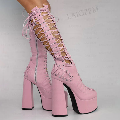 LAIGZEM Women Knee High Sandals Side Zip Up Pumps Shoes Lace Platform Cosplay Party Show Ladies Girls Shoes Woman Big Size 43 47