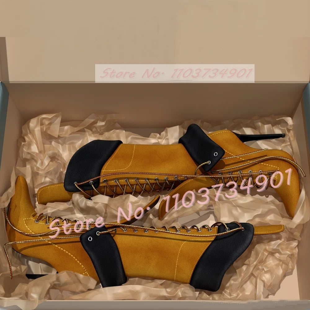 Yellow Lace-Up Knee High Stiletto Boots Women Multi-Strap Pointed Toe Fold Over High Heels Boots Female Party Street Style