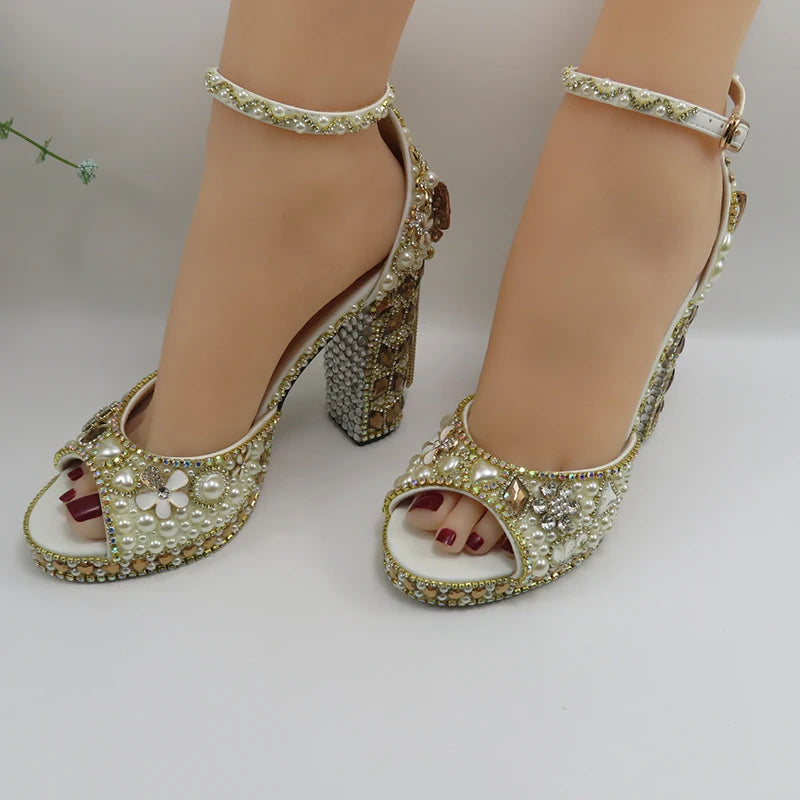 Luxury cyrstal wedding shoes with matching bags woman fashion Thick heel Women party dress shoes Fish beak Women shoes