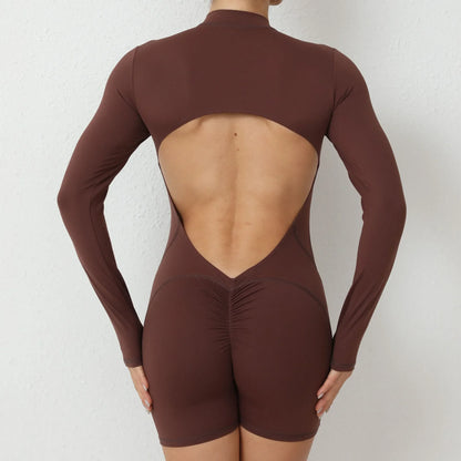 Seamless Yoga Zipper Jumpsuits Sports Fitness Beauty Back Hip-Lifting Long-Sleeved One-Piece Workout Gym Bodysuits for Women
