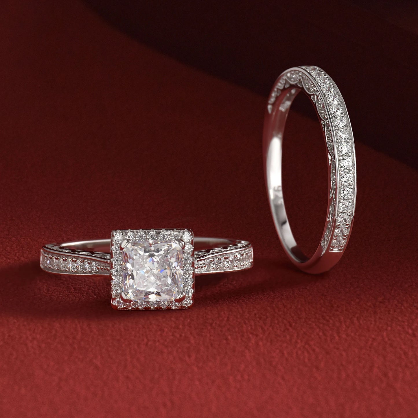 Newshe 2Pcs Genuine 925 Sterling Silver Moissanite /AAAAA Zircons Wedding Ring Set Halo Princess Cut Engagement Rings for Women