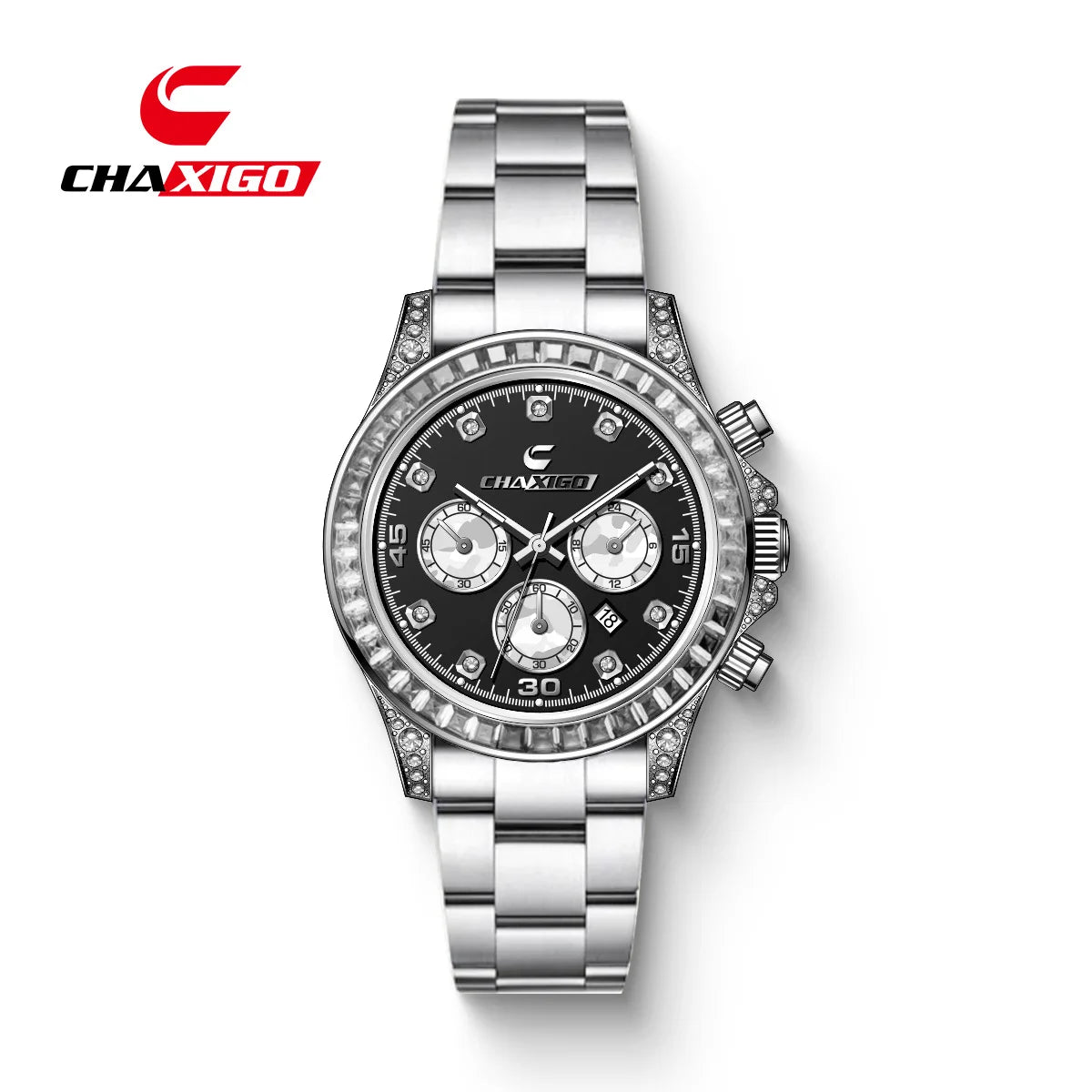 CHAXIGO 300 Diamond Studded Multi Functional Men's Quartz Watch Business Timing Steel Belt Light Luxury Calendar Watches for Man