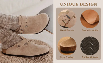 Kidmi Genuine Leather Clogs Cork Footbed Indoor and Outdoor Slippers Cow Suede Mules With Adjustable Strap