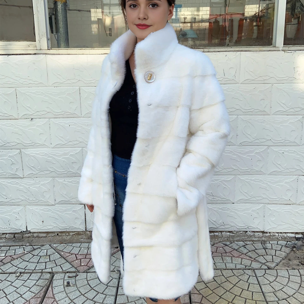 Fancy Rani Real Mink Fur Coat Natural White Women Winter Long Leather Jacket Luxury Female Clothes Mink Fur Coat Women Promotion