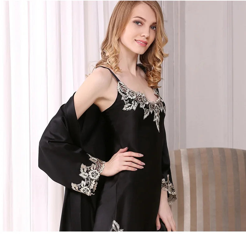 100% Silk Pajamas for Women Spring Summer Cami Nightgown & Robe Two-Piece Set Loungewear Silk Bathrobe Sleepwear