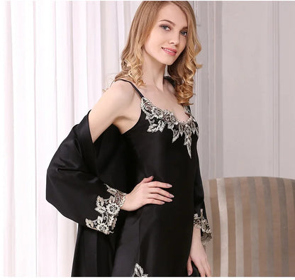 100% Silk Pajamas for Women Spring Summer Cami Nightgown & Robe Two-Piece Set Loungewear Silk Bathrobe Sleepwear