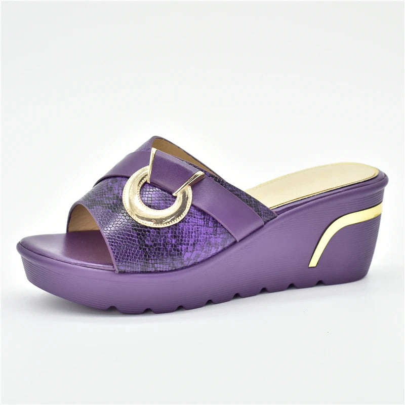 Latest Design African Party Shoes Decorated with Metal Wedding Shoes for Women Bride Wedges Shoes for Women Luxury Shoes
