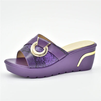 Latest Design African Party Shoes Decorated with Metal Wedding Shoes for Women Bride Wedges Shoes for Women Luxury Shoes