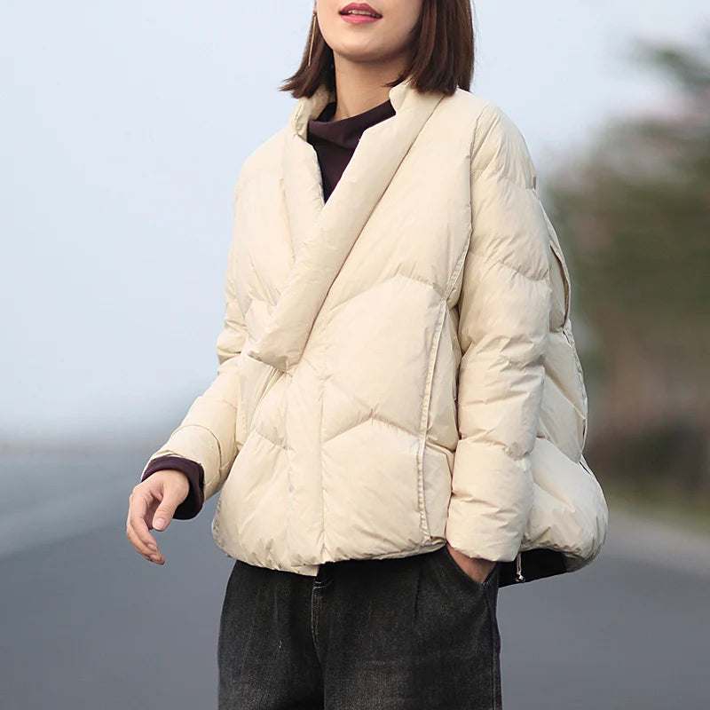 Schinteon Women Japanese Style Jacket Over Size White Duck Down Coat Loose Warm Autumn Winter Casual Outwear Top Quality