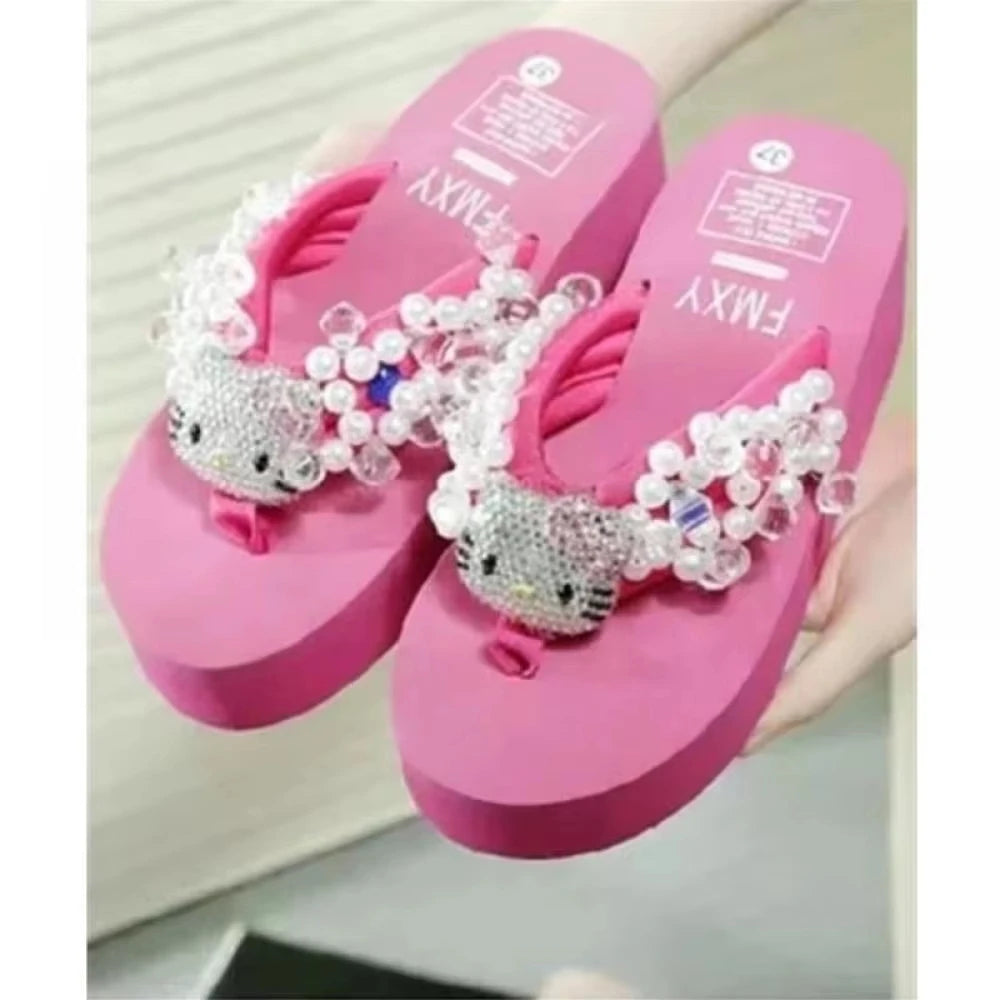 Sanrio Hello Kitty Y2K Soft Flip Flop Sandals Beach Slides Shoes Women Casual Wedge High Heels Platform for Slippers Ladies Gift