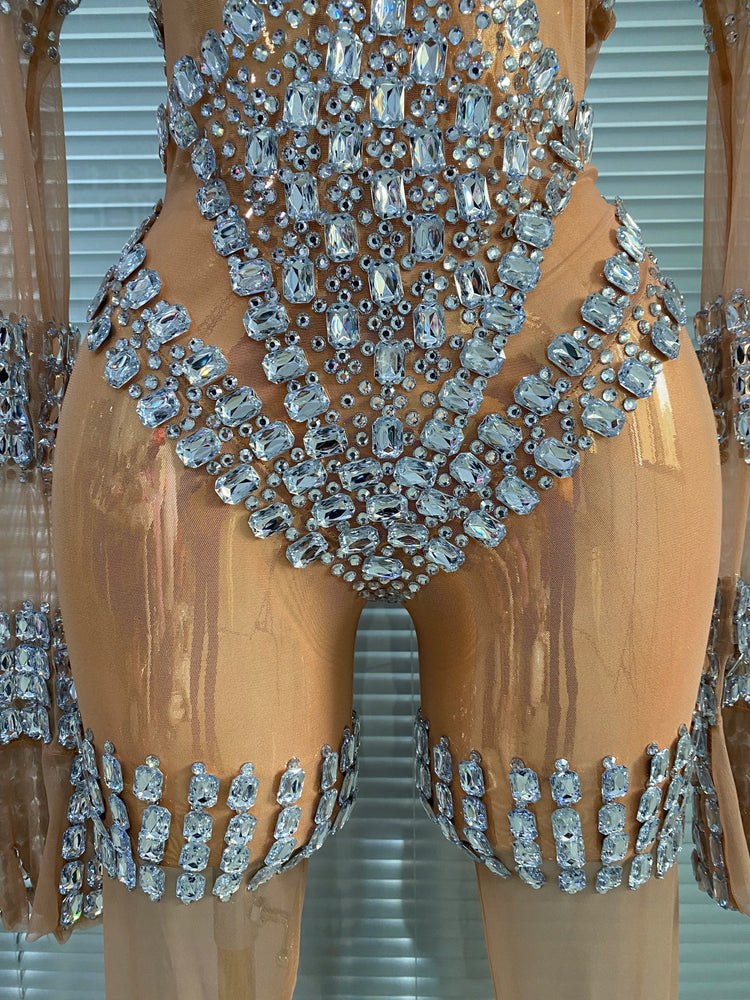Club Outfits Woman 2026 Sparkly Crystal Sheer Transparent Jumpsuits Masquerade Costume Dress Carnival Parade Festival Catsuit