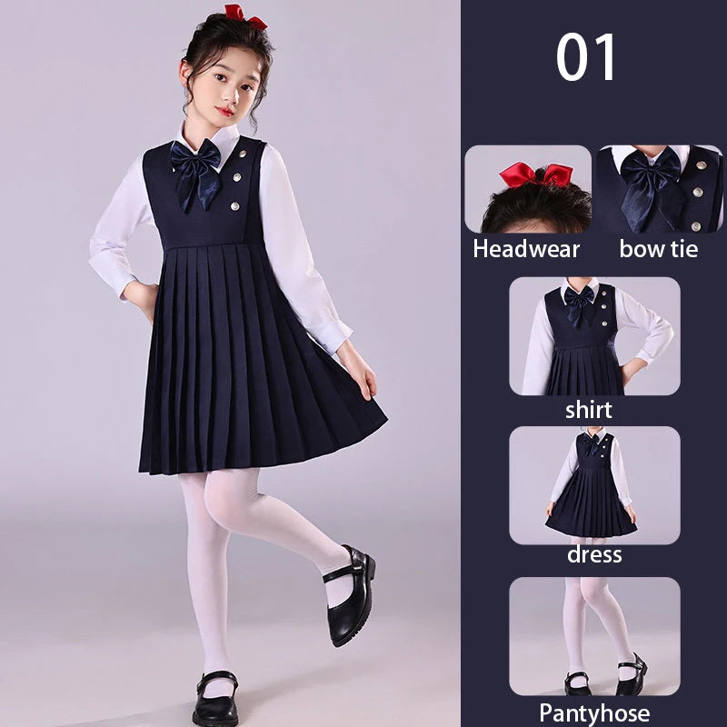 Girls Preppy Style Pleated Jumper Dress Headdress + Bow Tie Pants Suit Children Choir Poetry Performance Fashion School Uniform