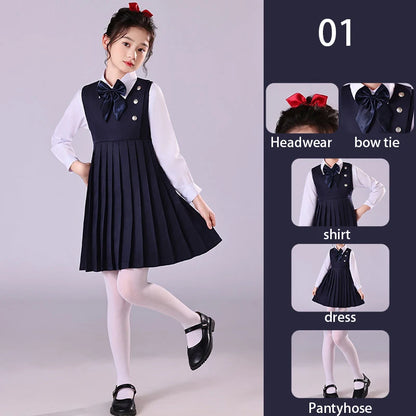 Girls Preppy Style Pleated Jumper Dress Headdress + Bow Tie Pants Suit Children Choir Poetry Performance Fashion School Uniform