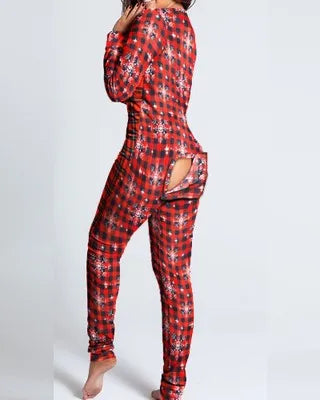 Sexy Pyjama Women's Long Sleeves Homewear Suit Button-Down Front Back Butt Bum Open Ass Flap Jumpsuit Loungewear Christmas Print