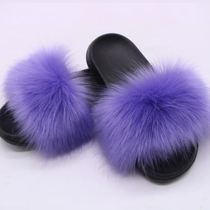 Women's  Faux Fox Fur Slides Fluffy Open Toe Slippers Indoor Outdoor Casual Flat Sandals Luxury Furry Slide Shoes for Ladies