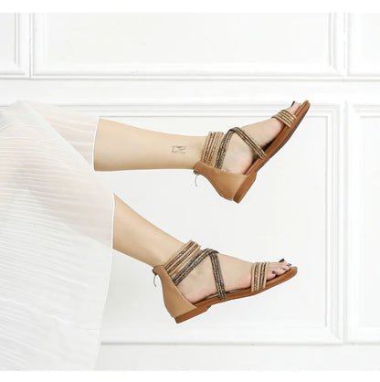 High quality leather flat sandals for women stripe zipper new summer 2026 36 42 open toe casual beach shoe black khaki brown