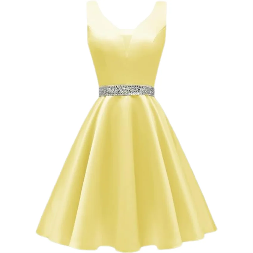 Customized Simple Satin Homecoming Dresses for Teens Short Prom Dress V-Neck Beaded Belts Evening Formal Cocktail Party Gowns