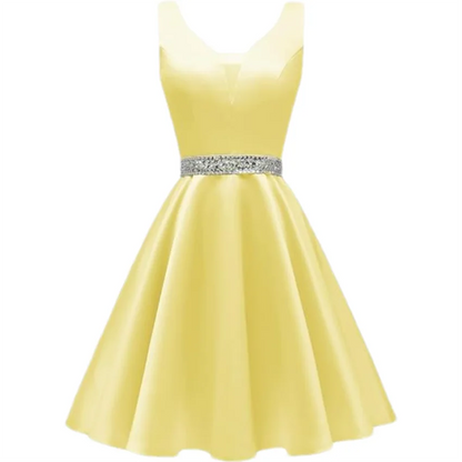 Customized Simple Satin Homecoming Dresses for Teens Short Prom Dress V-Neck Beaded Belts Evening Formal Cocktail Party Gowns