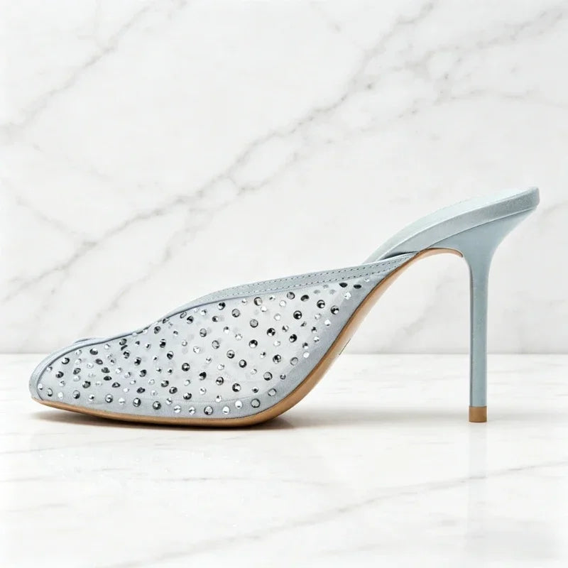 Luxury Rhinestone Detail Mules Sandals Women Sexy Peep Toe High Heel Slippers for Ladies Elegant Banquet Shoes Summer Mesh Shoes