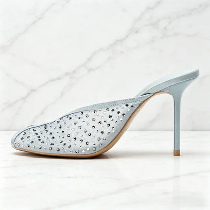 Luxury Rhinestone Detail Mules Sandals Women Sexy Peep Toe High Heel Slippers for Ladies Elegant Banquet Shoes Summer Mesh Shoes