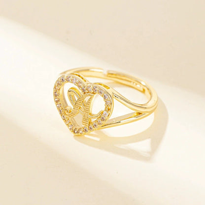 White Zircon 26 Letters A-Z Love Heart Open Adjustable Rings For Women Gold Silver Color Wedding Band Jewelry Mother's Day Gifts