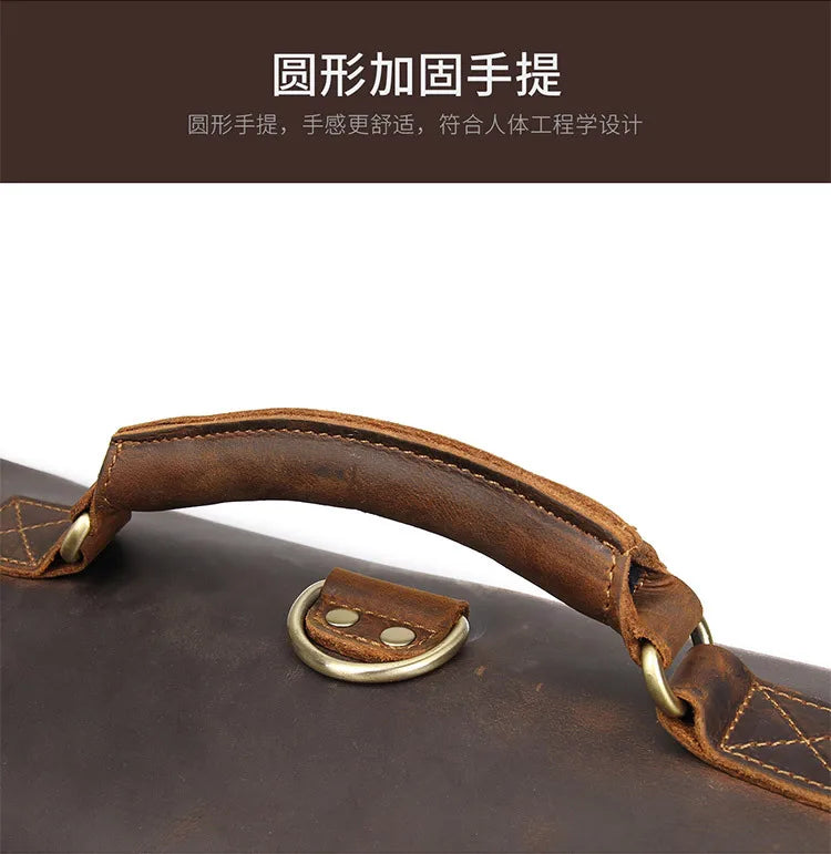 Vintage Crazy Horse Genuine Leather Men Briefcase Large Business Bag Tote Office Bag 15.6“Laptop Case Attache Male Shoulder Bag