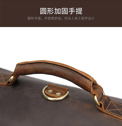 Vintage Crazy Horse Genuine Leather Men Briefcase Large Business Bag Tote Office Bag 15.6“Laptop Case Attache Male Shoulder Bag