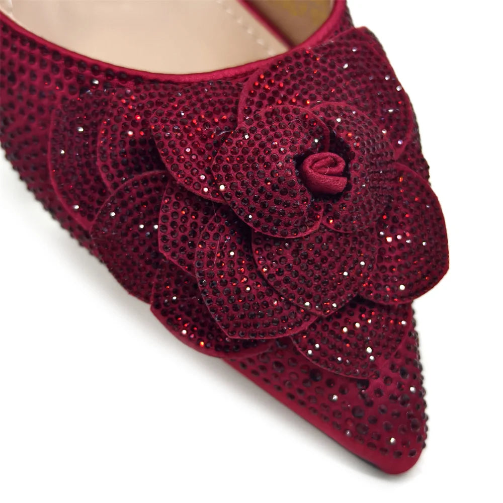 Italian Design Evening Shoes And Bags Paired With Handmade Petal Gold Colour Pointed Toe Mid-Heel Shoes For Women Party Shoes